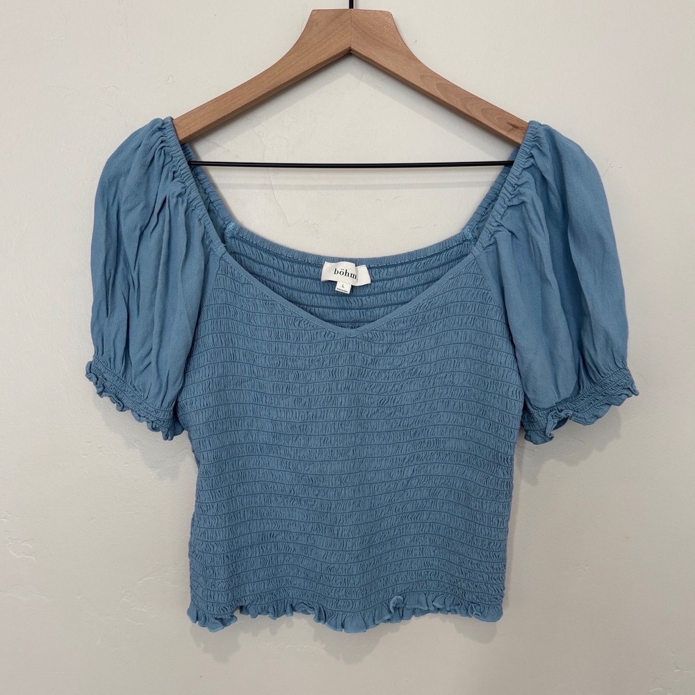 Bohme Blue Smocked Puff Sleeve Crop Top Cottagecore Peasant Large
